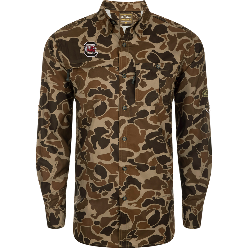 South Carolina 8-Shot Long Sleeve Shirt featuring a camouflage pattern, button-up design, Gamecocks logo, vented cape back, and dual chest pockets with hidden zippers.