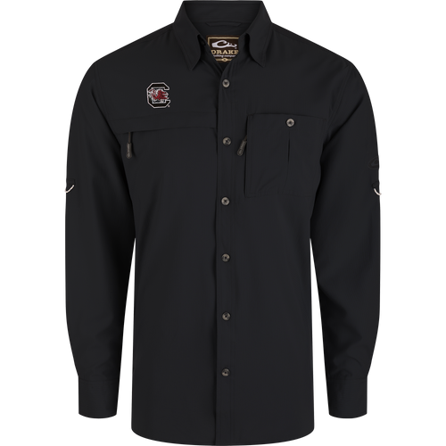 South Carolina 8-Shot Long Sleeve Shirt with Gamecocks logo, featuring button-up design, dual chest pockets, and Drake branding, crafted for performance and sun protection.