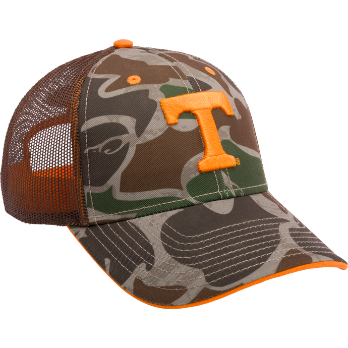 Tennessee Old School Green Cap: Structured trucker cap with mesh back, X-Peak visor, and embroidered college logo. Adjustable snap-back closure. Ideal for hunting and casual wear.