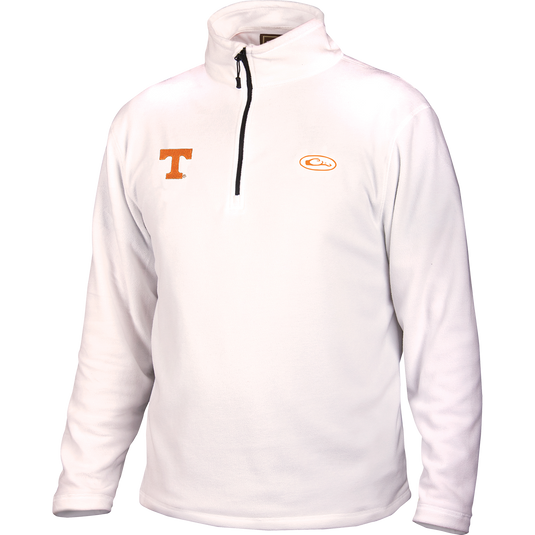 A mid-weight Tennessee Camp Fleece 1/4 Zip Pullover with University of Tennessee logo on chest. Perfect for cool fall days.