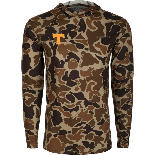 Tennessee Performance Long Sleeve Camo Hoodie, featuring a yellow logo on a camouflage shirt. Lightweight, breathable, and moisture-wicking.