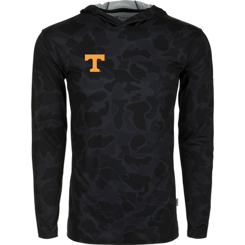 Tennessee Performance Camo Hoodie with yellow T logo on black fabric. Lightweight, moisture-wicking, and quick-drying for all-year wear.