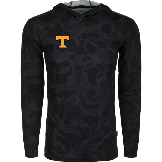 Tennessee Performance Camo Hoodie with yellow T logo on black fabric. Lightweight, moisture-wicking, and quick-drying for all-year wear.