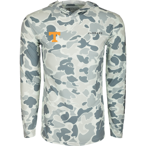 Tennessee Performance Long Sleeve Camo Hoodie - A versatile, lightweight shirt with a camouflage pattern, logo, and sign.