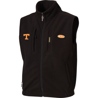 Black, sleeveless Tennessee Windproof Layering Vest featuring an orange T and oval emblem on the chest with zip pockets, designed for warmth and wind protection.