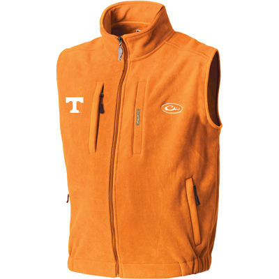 Tennessee Windproof Layering Vest features a stand-up collar, full-length zipper, and multiple pockets, showcasing a stylized T logo and windproof fleece construction.