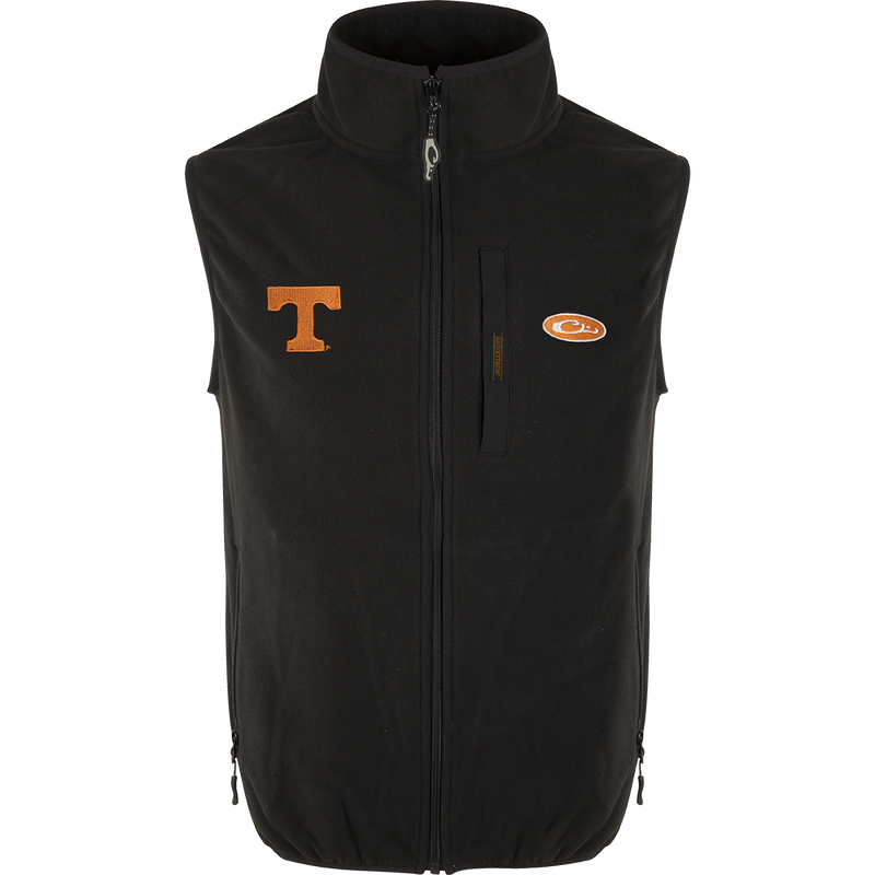 Tennessee Camp Fleece Vest with windproof barrier, logo embroidery on right chest. Stand-up collar, Magnattach™ pocket, hand warmer pockets.