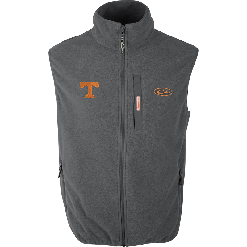 Tennessee Camp Fleece Vest with logo on a grey surface, featuring a windproof layering design, stand-up collar, and multiple pockets.