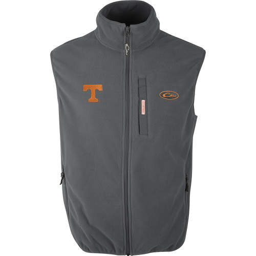 Tennessee Camp Fleece Vest with logo on a grey surface, featuring a windproof layering design, stand-up collar, and multiple pockets.