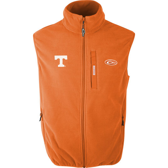 Tennessee Camp Fleece Vest with logo embroidery on right chest. Windproof, water resistant, ultra-warm fleece. Stand-up collar, Magnattach™ pocket, hand warmer pockets.