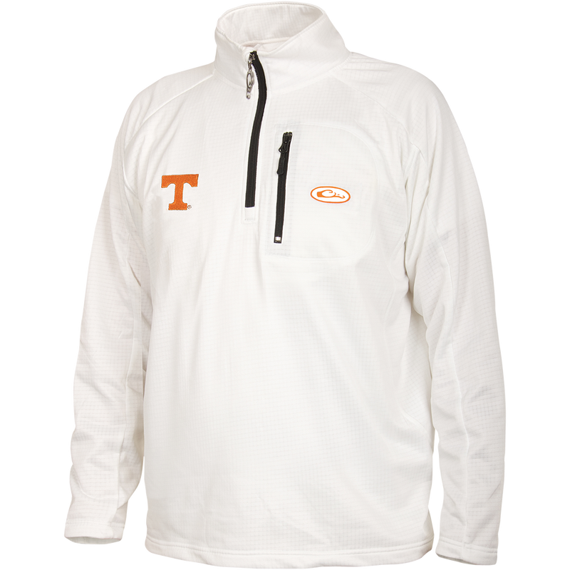 A white Tennessee Breathelite™ 1/4 Zip jacket with University of Tennessee logo embroidery on the right chest, featuring a close-up of a zipper and a logo. Ideal for active outdoorsmen in cool weather. Made of 100% polyester with 4-way stretch and square check fleece backing.