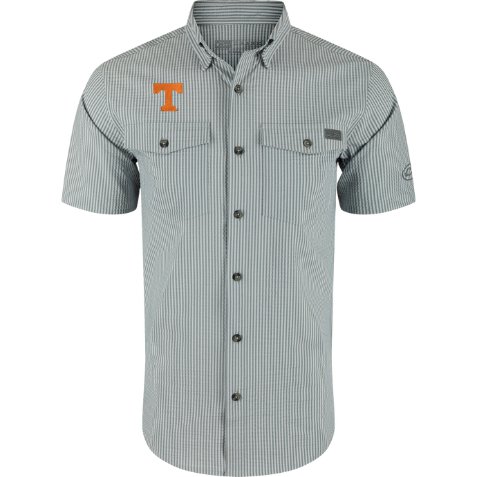 Tennessee Frat Seersucker Short Sleeve Shirt with fine gray-and-white stripes, button-front, point collar, flap chest pockets, and an orange T appliqué on the left chest.