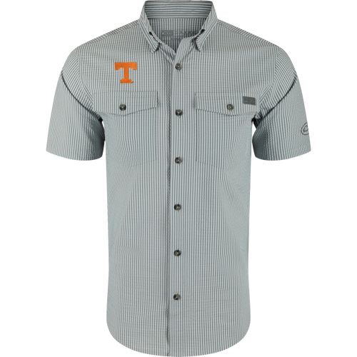 Tennessee Frat Seersucker Short Sleeve Shirt with fine gray-and-white stripes, button-front, point collar, flap chest pockets, and an orange T appliqué on the left chest.