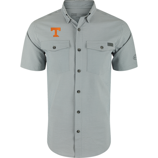 Tennessee Frat Seersucker Short Sleeve Shirt with fine gray-and-white stripes, button-front, point collar, flap chest pockets, and an orange T appliqué on the left chest.