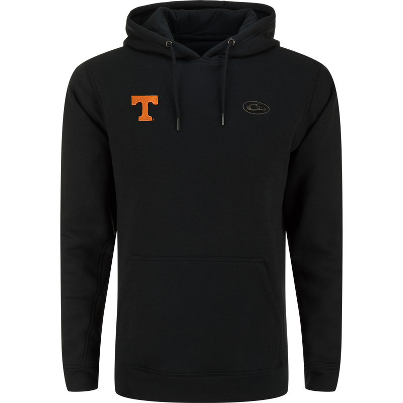 Tennessee Three End Hoodie featuring a black design with kangaroo pocket, orange T on left chest, and Carhartt logo on right chest.