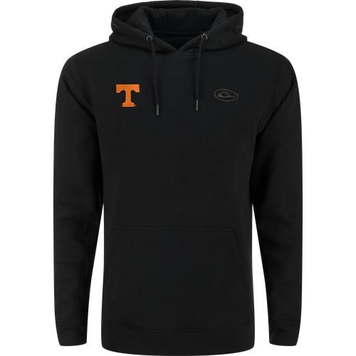 Tennessee Three End Hoodie featuring a black design with kangaroo pocket, orange T on left chest, and Carhartt logo on right chest.