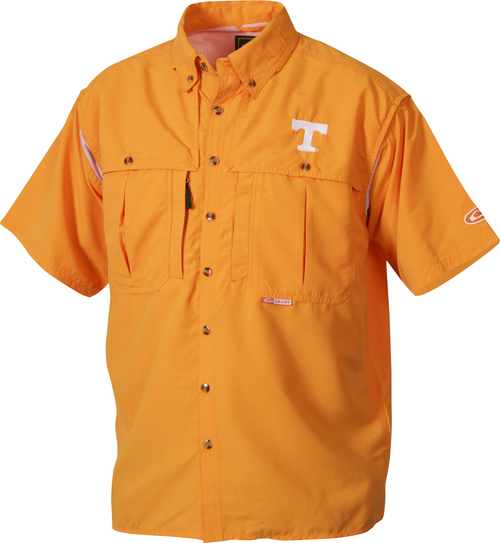Tennessee Wingshooter's Shirt Short Sleeve in bright orange, with chest pockets, mesh ventilation, and a Drake tag, designed for lightweight performance and breathability.
