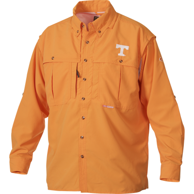 Tennessee Wingshooter's Shirt Long Sleeve with button-down design, vented back, oversized pockets, and white T emblem; ideal for warm weather hunting.