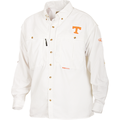 Tennessee Wingshooter's Shirt Long Sleeve by Drake, featuring chest pockets with gold-tone snaps, embroidered “T” logo, and ventilation for breathability and moisture management.