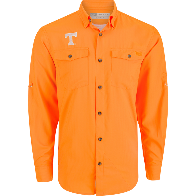 Tennessee Frat Dobby Solid Long Sleeve Shirt, orange shirt with hidden button-down collar, button detail, and vented cape back.