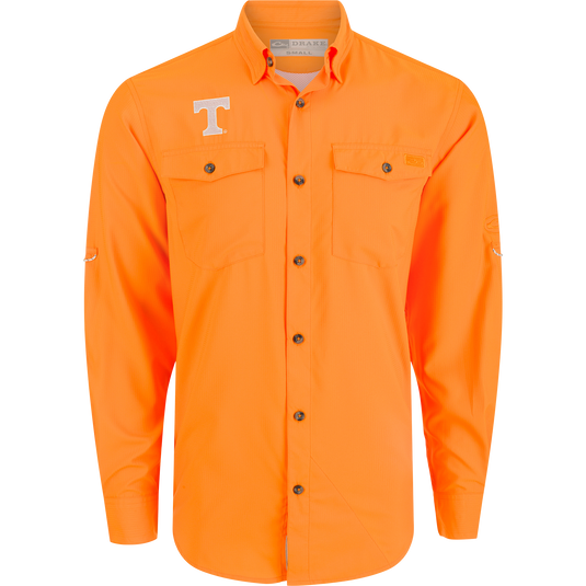 Tennessee Frat Dobby Solid Long Sleeve Shirt, orange shirt with hidden button-down collar, button detail, and vented cape back.
