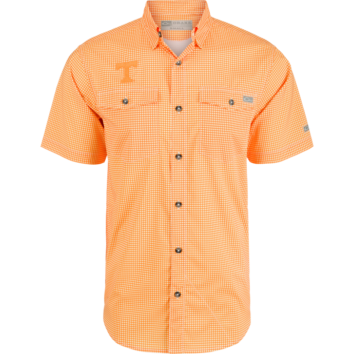 Tennessee Frat Gingham Shirt with hidden collar, chest pockets, and vented cape back. Lightweight, moisture-wicking, and UPF30 for sun protection.