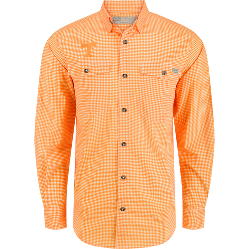 Tennessee Frat Gingham Long Sleeve Shirt, lightweight performance fabric with hidden button-down collar and adjustable roll-up sleeves.