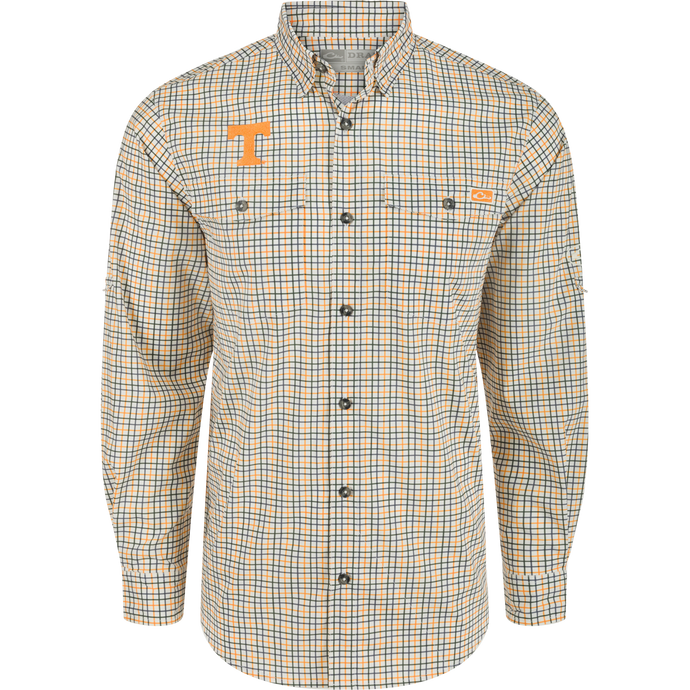 Tennessee Frat Tattersall Long Sleeve Shirt with logo on lightweight fabric, hidden button-down collar, and adjustable roll-up sleeves.