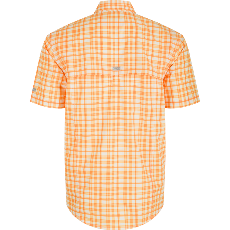 Tennessee Hunter Creek Windowpane Plaid Shirt, back view, lightweight polyester fabric, hidden button-down collar, vented cape back.