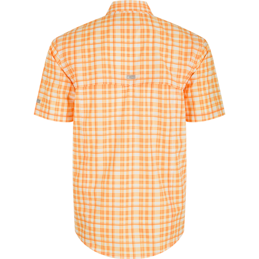Tennessee Hunter Creek Windowpane Plaid Shirt, back view, lightweight polyester fabric, hidden button-down collar, vented cape back.