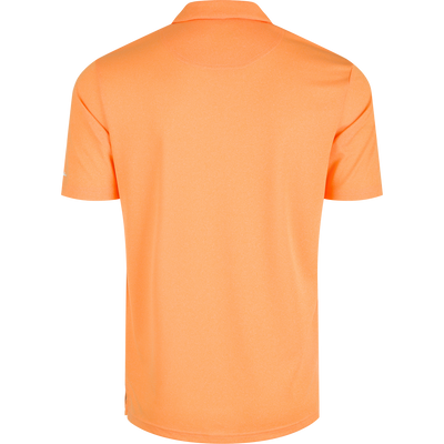 Tennessee Vintage Heather Polo - A close-up of the back of a shirt with a vintage heather finish, featuring the official Tennessee logo on the left chest. Made of 100% polyester, this polo offers four-way stretch, quick-drying, moisture-wicking, and breathable properties. Perfect for any Volunteers fan.