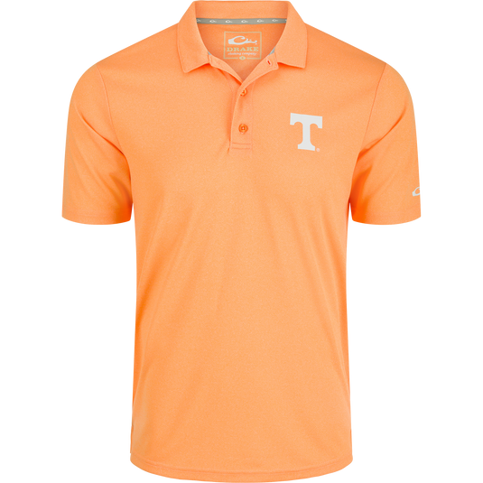 Tennessee Vintage Heather Polo: A comfortable orange polo shirt with a white T-shirt logo. Perfect for any Volunteers fan with its vintage heather finish and official Tennessee logo on the left chest. Made of 100% polyester with four-way stretch for a cool and breathable fit.