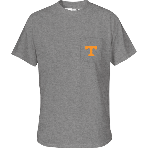 Tennessee Beach T-Shirt: Grey tee with school logo on chest pocket, featuring a beach scene on the back with school's colors and catch phrase.