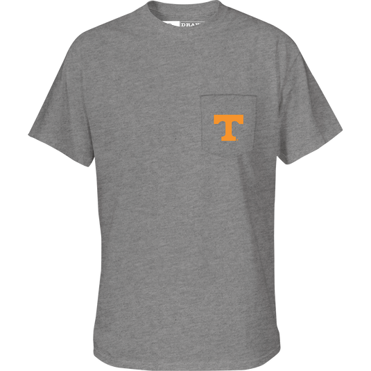 Tennessee Beach T-Shirt: Grey tee with school logo on chest pocket, featuring a beach scene on the back with school's colors and catch phrase.