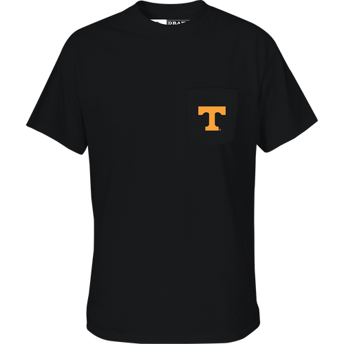 Tennessee Black Lab T-Shirt with school logo on front and black lab head scene on back. Cotton/poly blend tee from Drake Waterfowl.