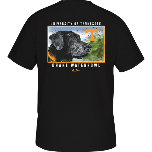 Tennessee Black Lab T-Shirt: Back of a black t-shirt with a dog on it, featuring a black lab head scene with your school's logo. Front left chest Drake logo in your school's color.