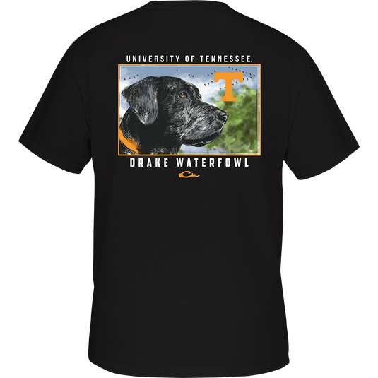 Tennessee Black Lab T-Shirt: Back of a black t-shirt with a dog on it, featuring a black lab head scene with your school's logo. Front left chest Drake logo in your school's color.