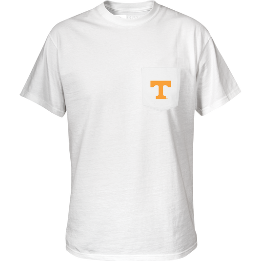 Tennessee Saturdays T-Shirt: Cotton/poly blend tee with stylized logo on the back saying "Saturdays are for" in school colors. Front features school logo on chest pocket.