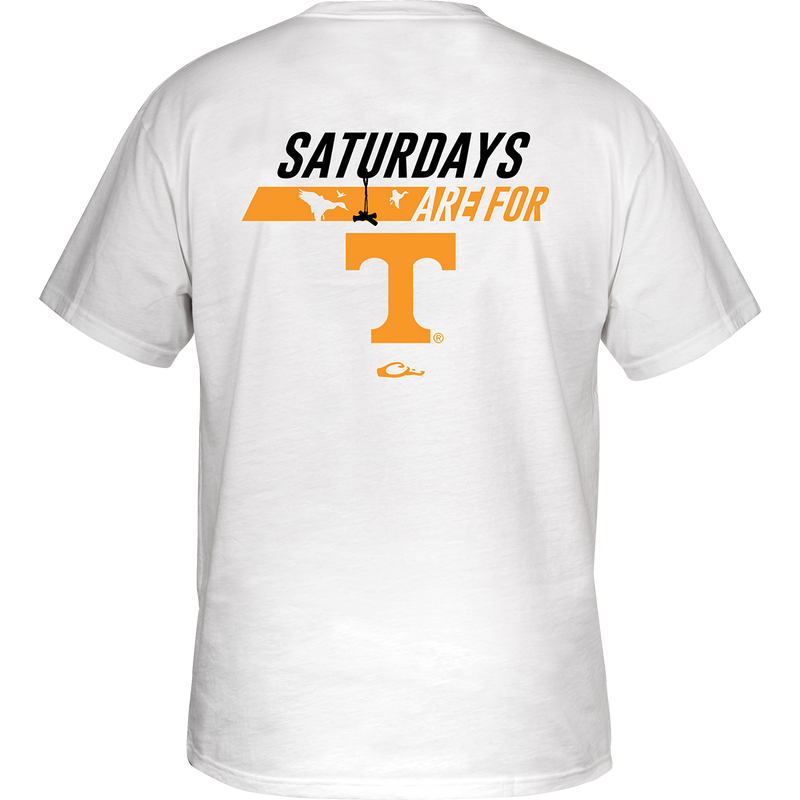 Tennessee Saturdays T-Shirt with stylized logo and school colors on the back, featuring your school's logo on the front chest pocket.
