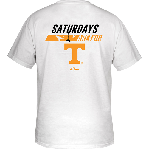 Tennessee Saturdays T-Shirt with stylized logo and school colors on the back, featuring your school's logo on the front chest pocket.