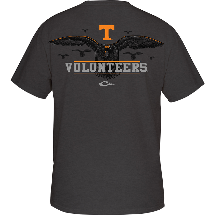 Tennessee Cupped Up T-Shirt: Grey tee with back artwork of a duck landing, surrounded by other ducks. Features school logo and catch phrase. Front has school logo on chest pocket.