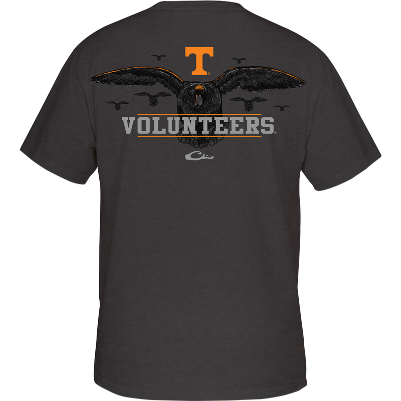 Tennessee Cupped Up T-Shirt: Grey tee with back artwork of a duck landing, surrounded by other ducks. Features school logo and catch phrase. Front has school logo on chest pocket.
