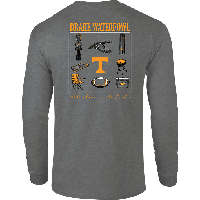 Tennessee Sportsman T-Shirt: Back of a grey long-sleeved shirt with a stylized scene showcasing items used on 
