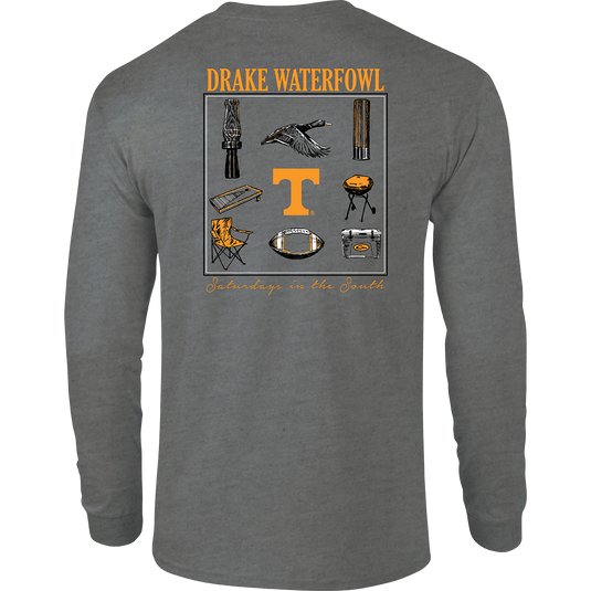 Tennessee Sportsman T-Shirt: Back of a grey long-sleeved shirt with a stylized scene showcasing items used on "Saturdays in the South" and your school's logo. Front features your school's logo on the chest pocket.
