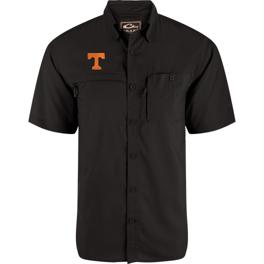 Tennessee State 8-Shot Short Sleeve Shirt, black with orange T logo, features a chest pocket and button-down front, ideal for outdoor activities with technical benefits.