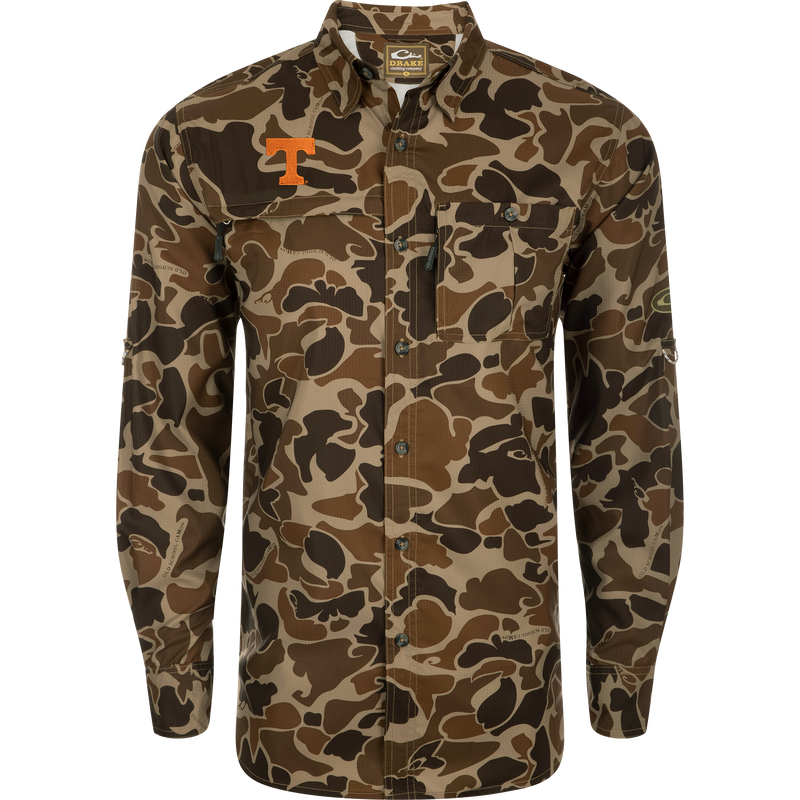 Tennessee 8-Shot Long Sleeve Shirt in camo; features two chest pockets, a vented cape back, and a hidden button-down collar, ideal for outdoor activities.