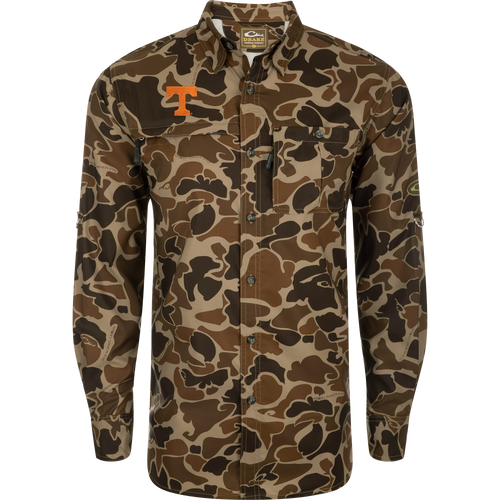 Tennessee 8-Shot Long Sleeve Shirt in camo; features two chest pockets, a vented cape back, and a hidden button-down collar, ideal for outdoor activities.