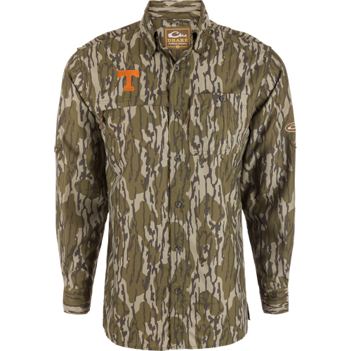 Tennessee 8-Shot Long Sleeve Shirt with green-tan camo print, two chest pockets, bright-orange “T” logo, and Drake Clothing Company label inside collar.