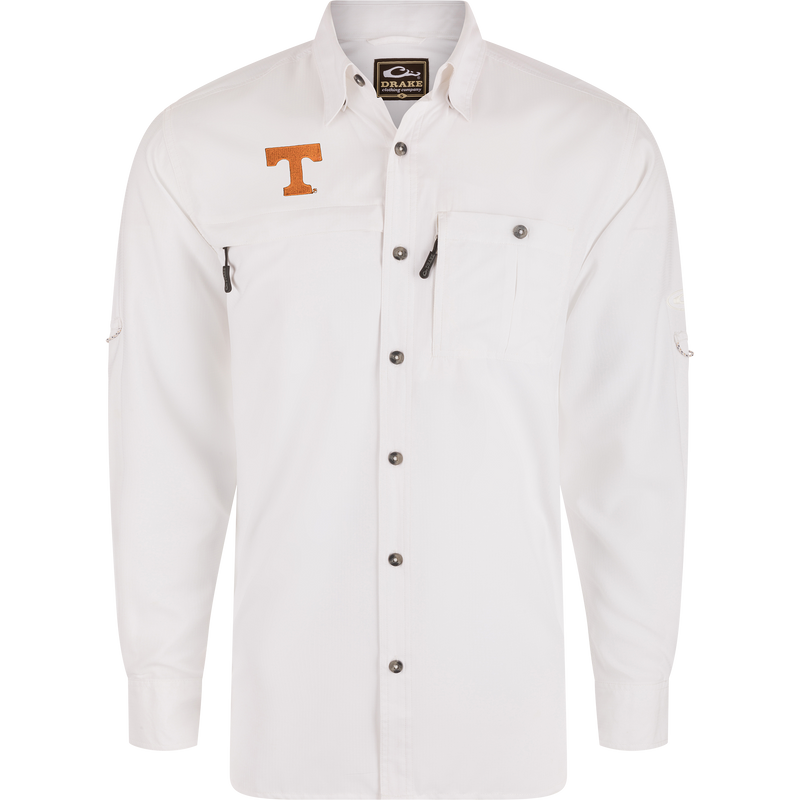 Tennessee 8-Shot Long Sleeve Shirt by Drake Clothing Company, features chest pockets, orange T logo, lightweight fabric, moisture-wicking, UPF 30, ideal for hunting and outdoor activities.