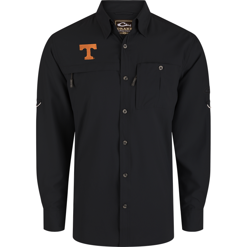 Tennessee 8-Shot Long Sleeve Shirt in black, featuring two chest pockets, orange T appliqué, and Drake label, designed for performance with moisture-wicking and UPF 30 protection.